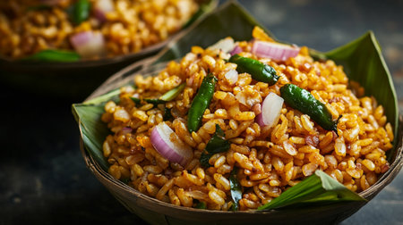 Rice with green chilli and onion served in a bowl.
