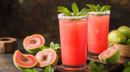 Refreshing summer cocktail with guava, figs and mintの写真素材