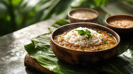 Bowl with tasty steamed rice on wooden table, closeup