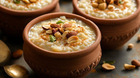 Tasty rice pudding with nuts in bowl on table, closeup
