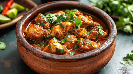 Chicken tikka masala in a clay bowl. Indian cuisine