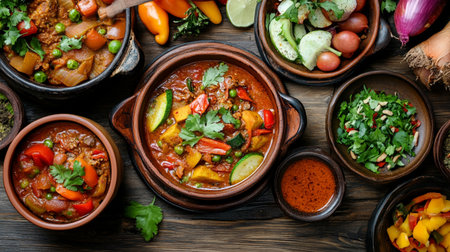 Traditional Indian curry with vegetables and spices in clay pots on wooden backgroundの写真素材