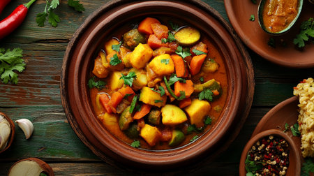 Curry with pumpkin, carrot and potatoes on wooden table, top viewの写真素材