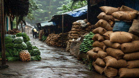 Bags of vegetables on the street of a villageの写真素材