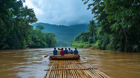 Bamboo rafting on the river in the jungle of Laos.の写真素材