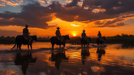 Silhouette of thai farmer with buffalo in rice field at sunset