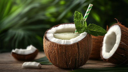 Coconut cocktail with mint on wooden table, closeup view