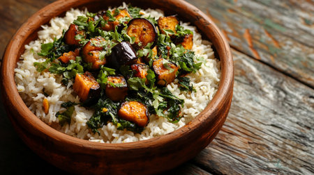 Rice with eggplant and parsley in bowl on wooden table, closeup