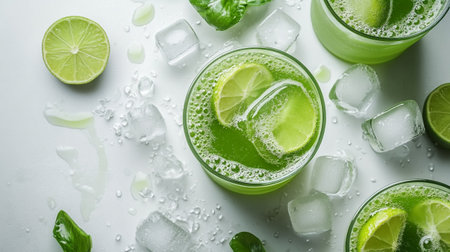 Glasses of fresh green lemonade on white background, top view