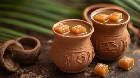 Candle in clay pot with caramelized sugar cubes, closeup