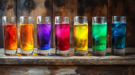 multicolored water in glasses on a wooden background. tinting