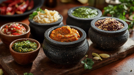 Bowls with different kinds of pesto sauce on wooden background