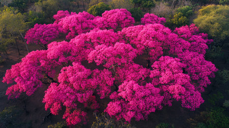 Aerial view of pink rhododendron tree in bloomの写真素材