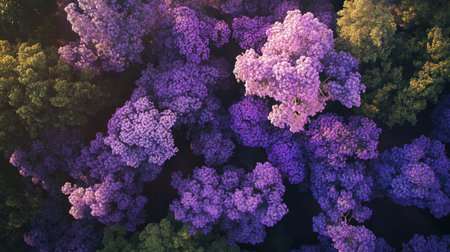 Aerial view of purple lilac bushes in the forest at sunset
