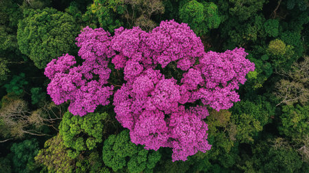 Aerial view of purple flowers in the forest.の写真素材