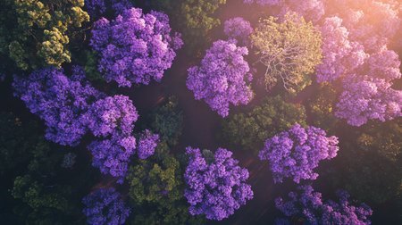 Aerial view of beautiful purple lilac trees in forest at sunset