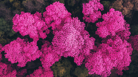 Aerial view of pink hydrangea flowers in the forest