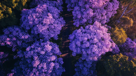Aerial view of beautiful lilac trees in the forest at sunset