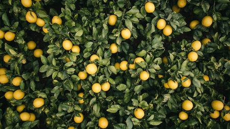 Lemon tree with ripe yellow lemons in the garden, stock photo
