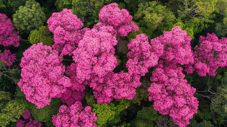 Aerial view of pink rhododendron flowers in the forest