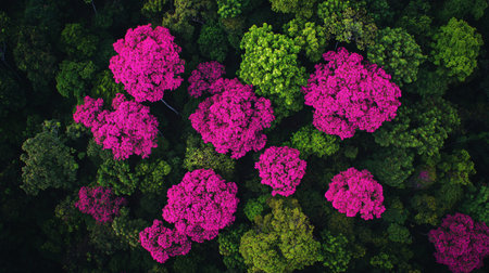 Aerial view of a forest with pink flowers. Top view.