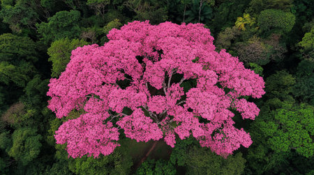 Aerial view of pink rhododendron tree in forest