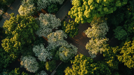Top down aerial view of green trees in the park. Drone photography