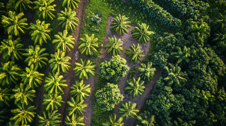 Aerial view of palm tree plantation in Bali island, Indonesiaの写真素材
