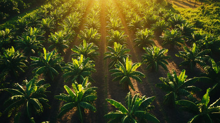 Palm plantation in the morning light, Bali island, Indonesiaの写真素材