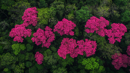 Aerial view of pink rhododendron tree in forestの写真素材
