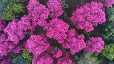 Aerial view of a forest with pink rhododendronsの写真素材