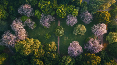Aerial view of blooming trees in the park in spring.の写真素材