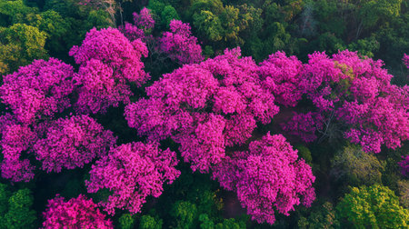 Aerial view of pink rhododendron flowers in the forest