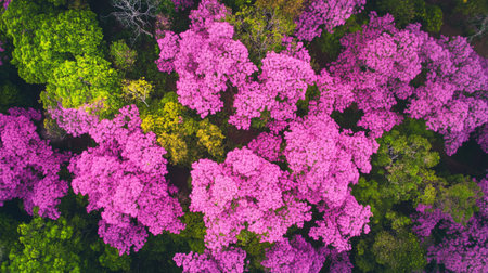 Aerial view of a beautiful pink rhododendron tree in the forestの写真素材