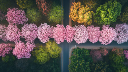 Aerial view of blooming pink and green trees in spring.の写真素材