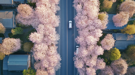 Aerial view of cherry blossoms tree in full bloom during spring seasonの写真素材