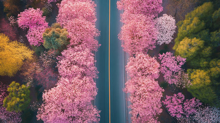 Aerial view of cherry blossom trees in the spring season.の写真素材