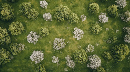 Beautiful aerial view of green grass and white flowers in spring seasonの写真素材