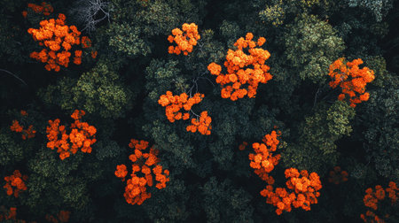 Aerial view of a beautiful tropical forest with red and orange treesの写真素材
