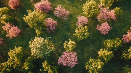 Aerial view of blooming pink and yellow sakura tree in springの写真素材
