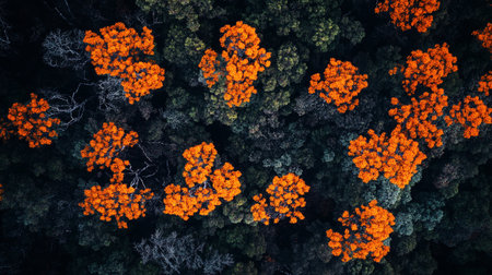 Aerial view of a forest in autumn. Top view of orange trees.