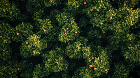 Aerial view of red apples growing on trees in a row.の写真素材