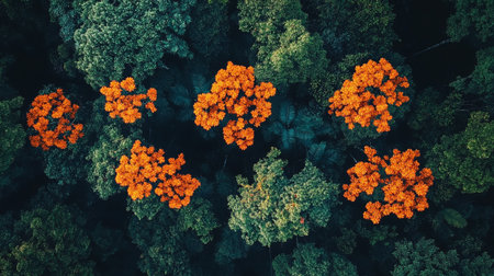 Aerial view of autumn forest with orange trees. Top view.