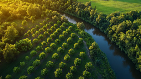 Aerial view of green forest and river. Beautiful summer landscape.の写真素材