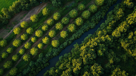 Aerial view of a green forest and a river in the morning
