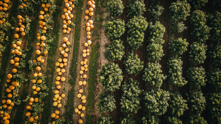 Aerial view of rows of orange trees in a farm field.の写真素材