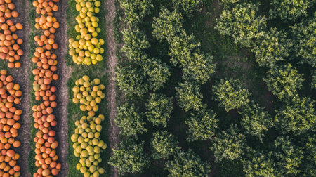 Aerial view of orange fruit in the field. Orange harvest in the countryside.の写真素材