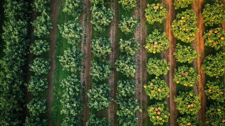 Aerial view of rows of orange trees in the field at sunsetの写真素材