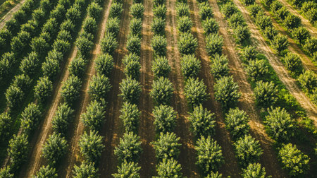 Aerial view of rows of olive trees in the orchard.