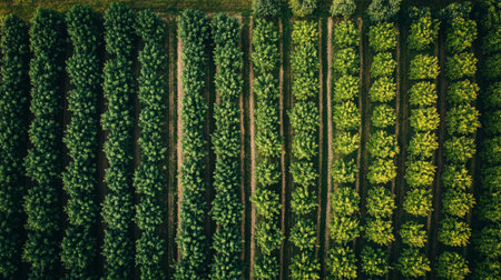 Aerial view of a row of trees in the forest. Drone photographyの写真素材